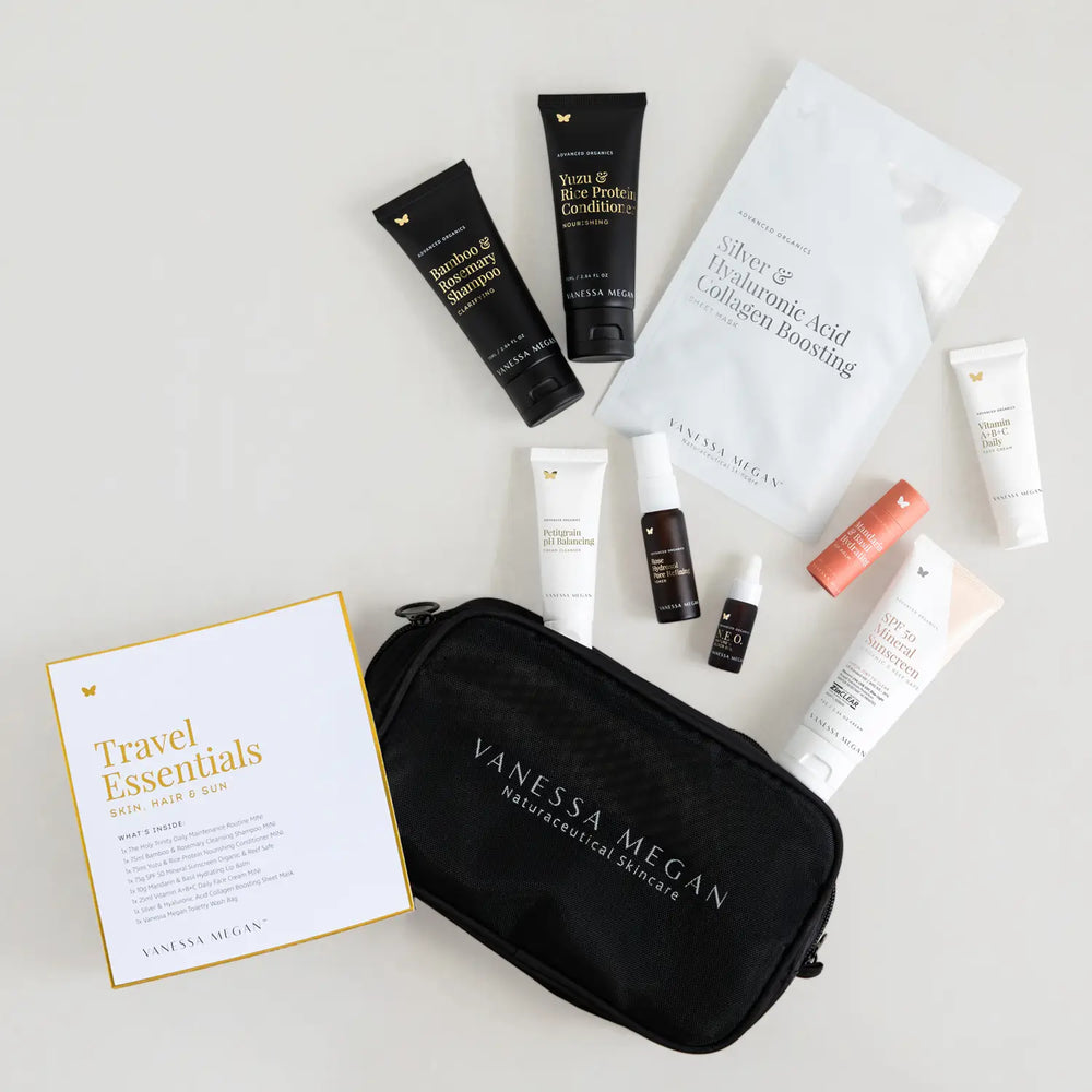 
                      
                        Travel Essentials Kit for Skin, Hair & Sun
                      
                    